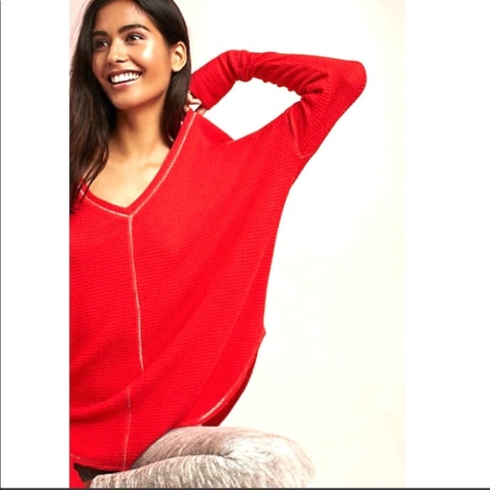 Anthropologie Saturday/Sunday Thermal V-Neck Tunic Top in Red S